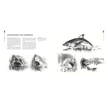 Illustrations of a great white shark with text on a white background for the movie Jaws.